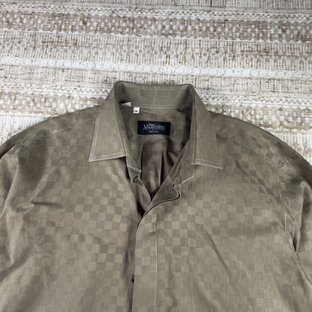 Sergio Valentino Collection Dress Shirt Men Brown Tonal Check LS French Cuff XL